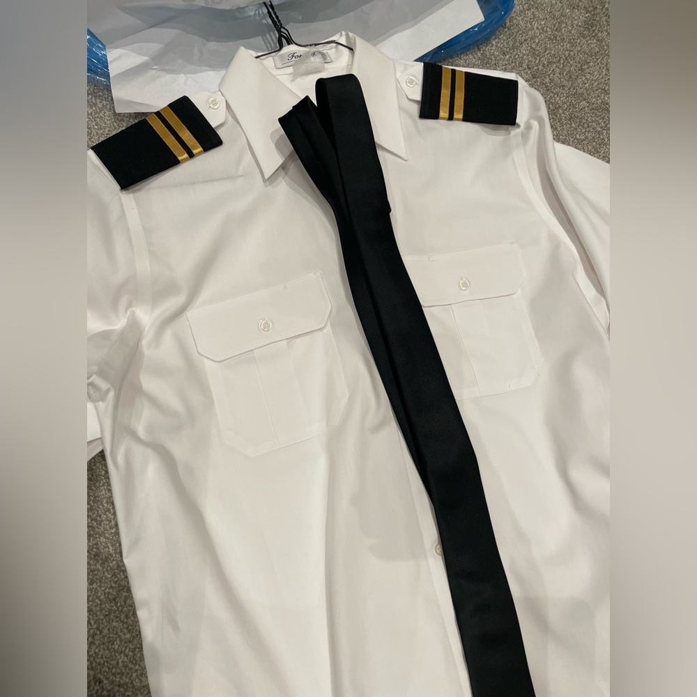 Men's White Pilot Shirts (4) with Black Epaulettes; black tie